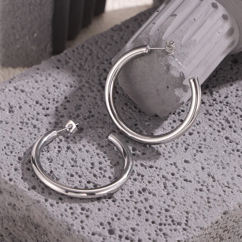 C Shape Silver Hoops