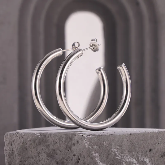 C Shape Silver Hoops