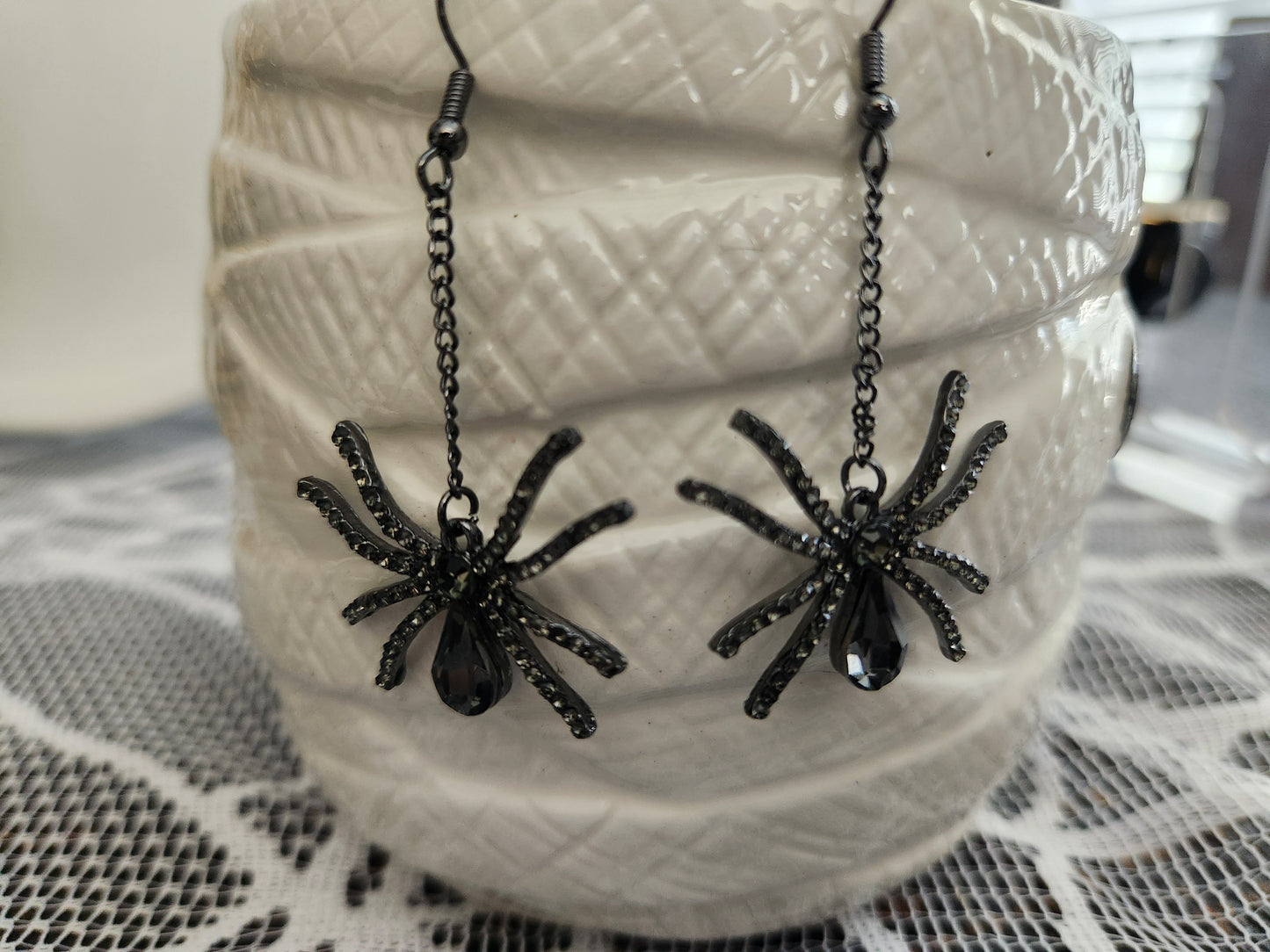 Gunmetal Spider Drop Earrings