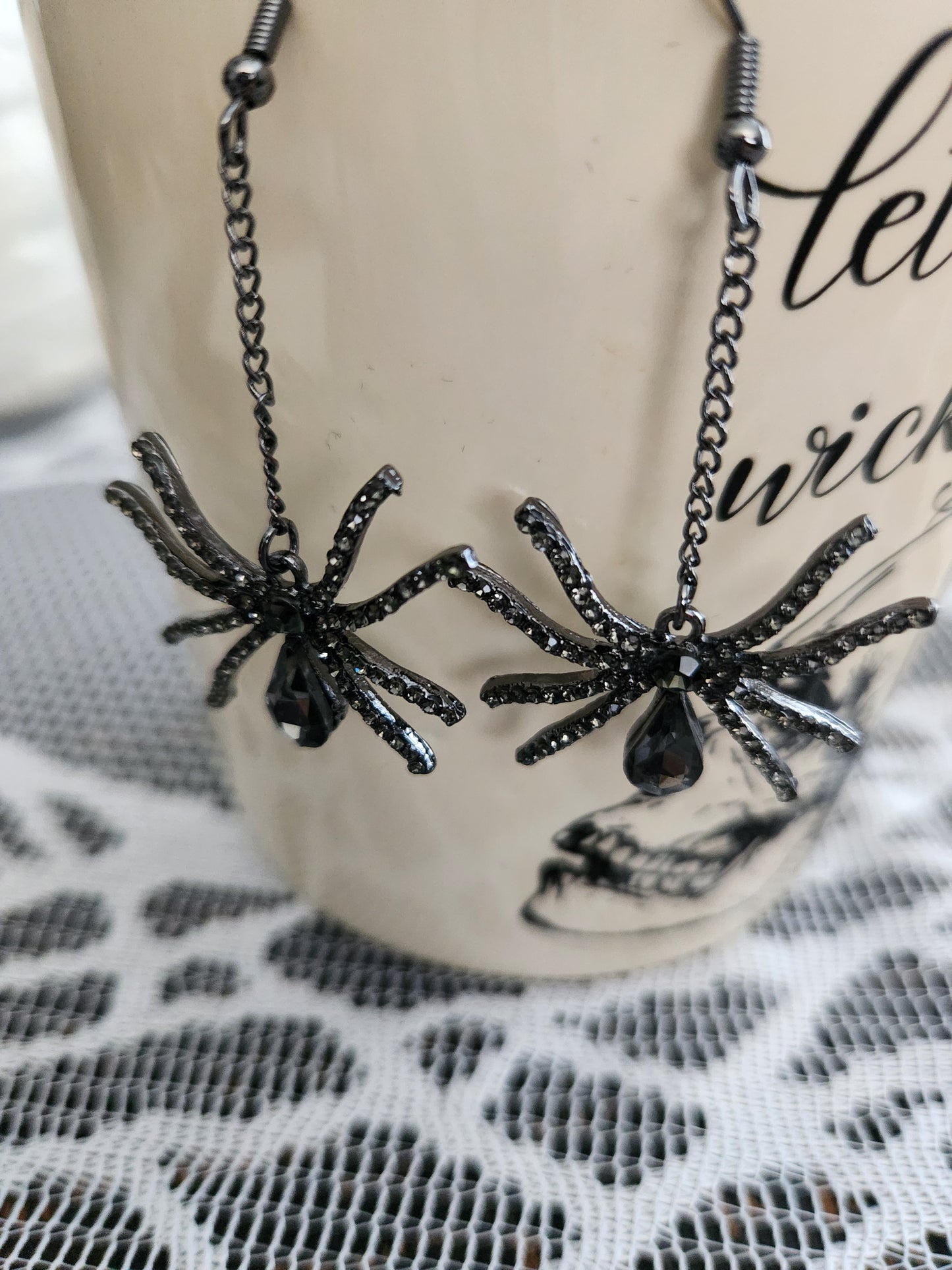 Gunmetal Spider Drop Earrings