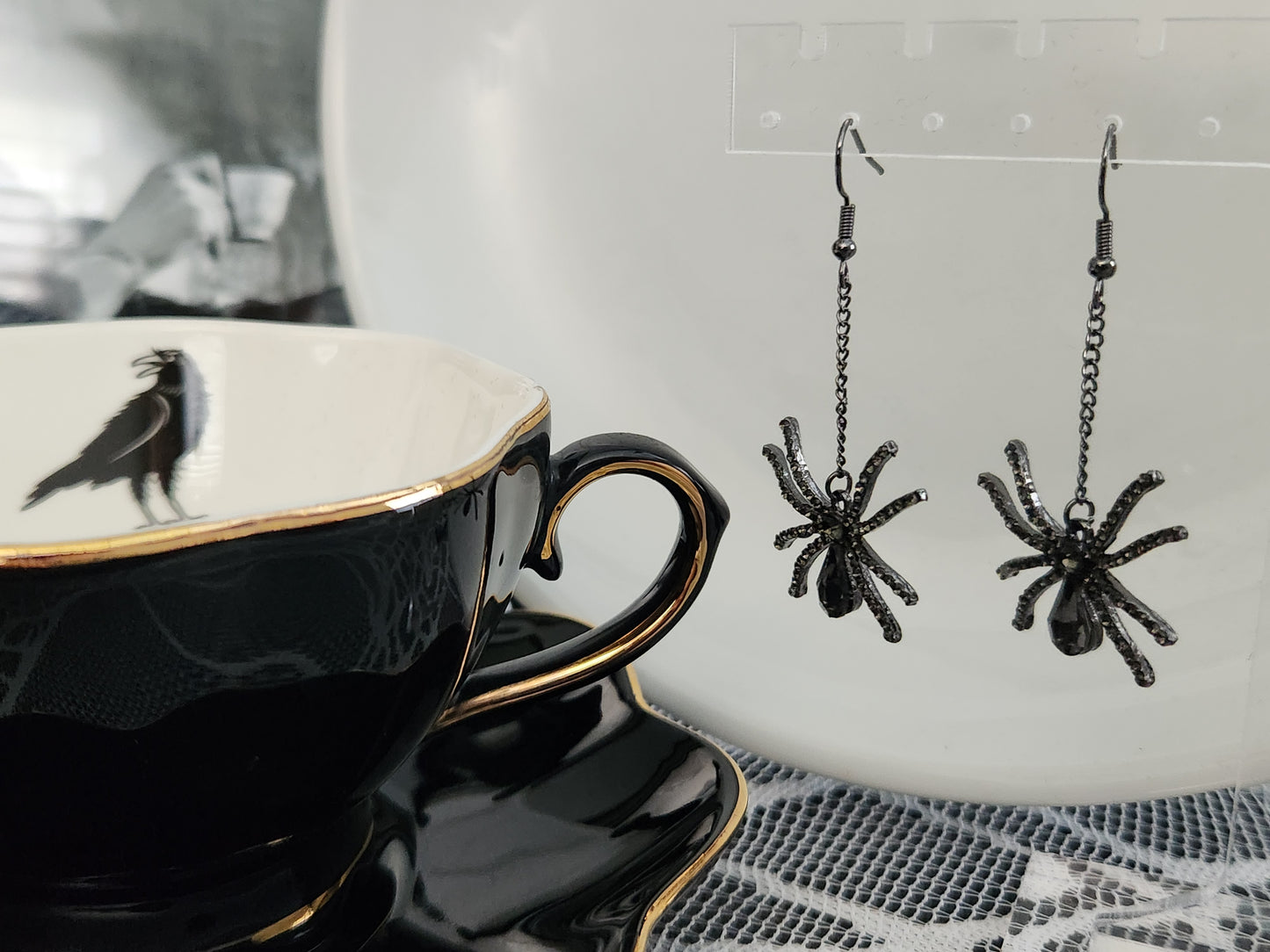 Gunmetal Spider Drop Earrings