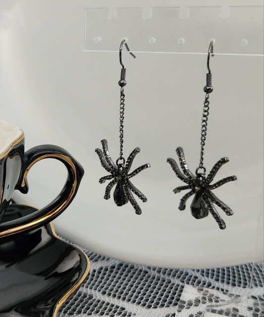 Gunmetal Spider Drop Earrings